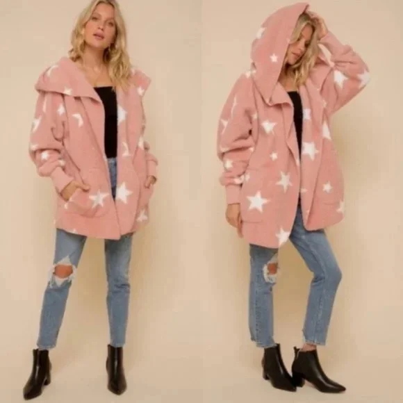 017 Cozy Star Print Teddy oversized hoodie Jacket - Picture 7 of 11